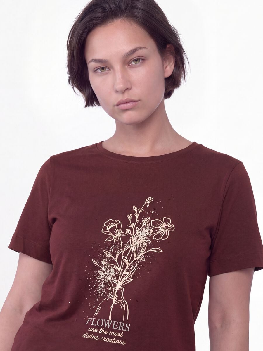 Red pure cotton T-shirt with floral print, regular fit_3