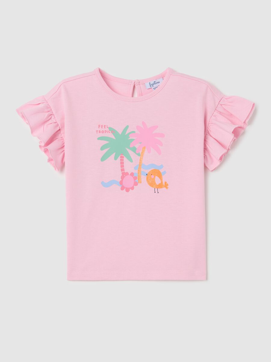 Pink cotton T-shirt with frills and print_0