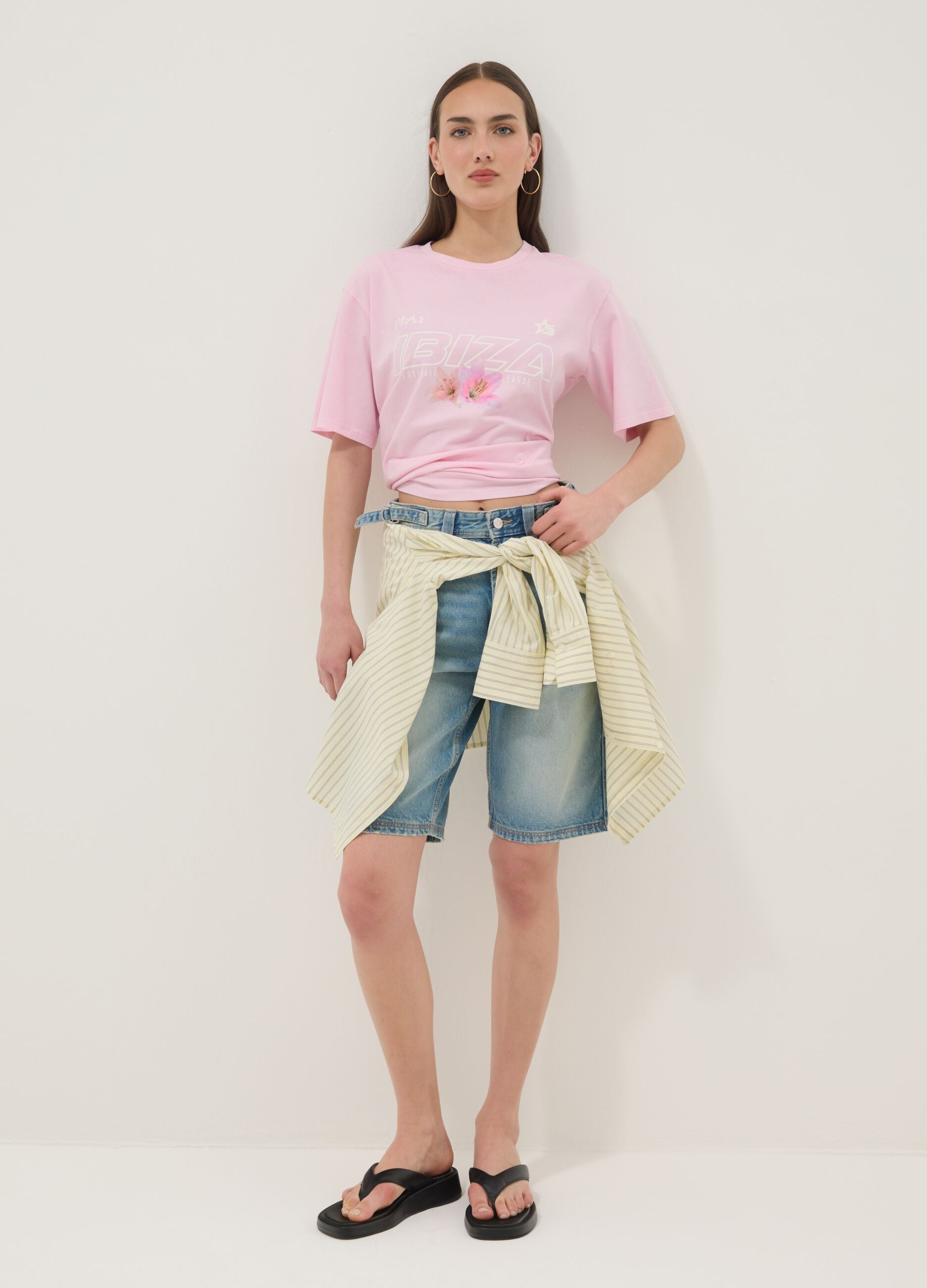 Pink pure cotton T-shirt with slogan print, relaxed fit