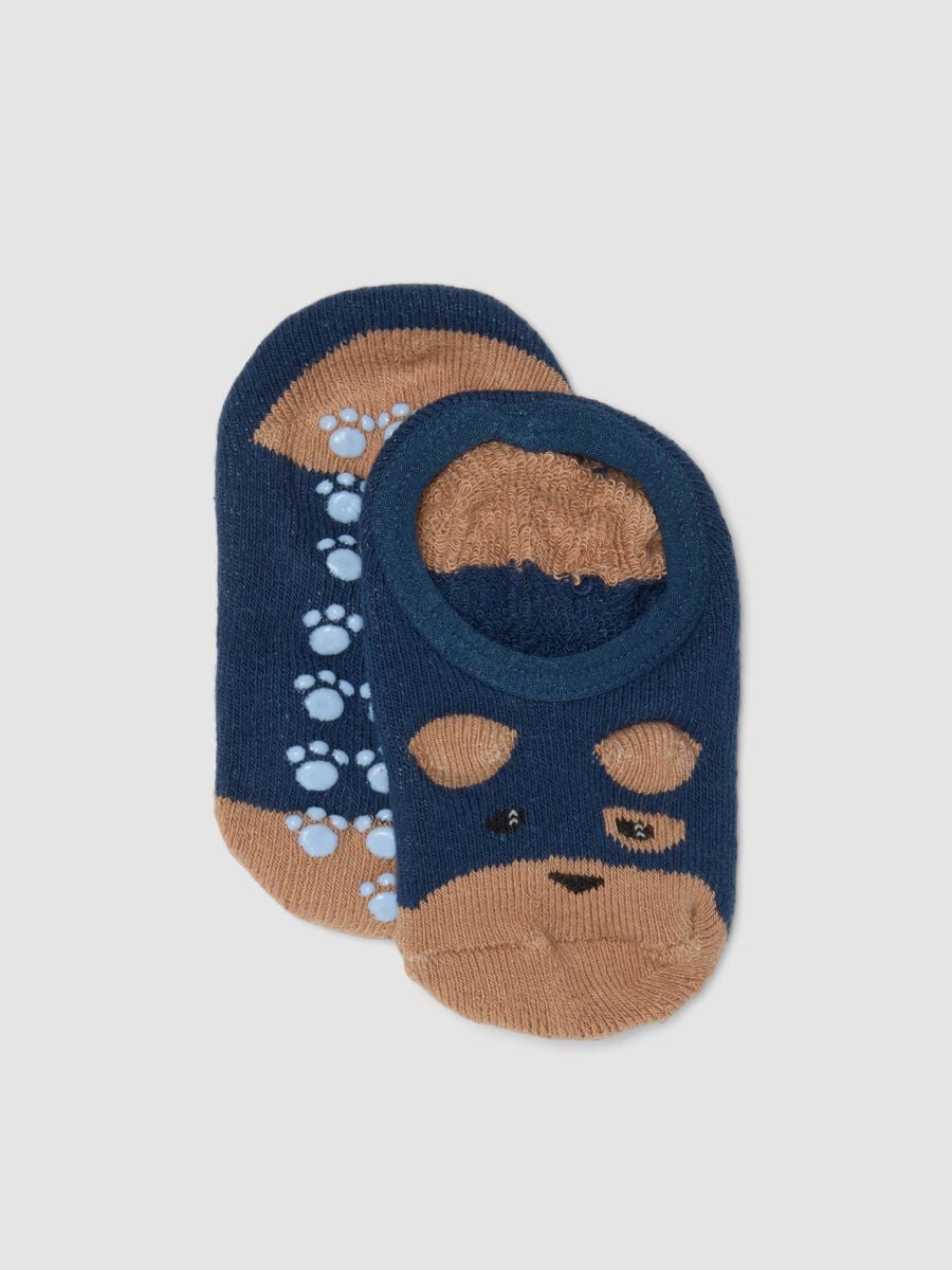 Calze antiscivolo blu in cotone organico elasticizzato con cagnolino_0