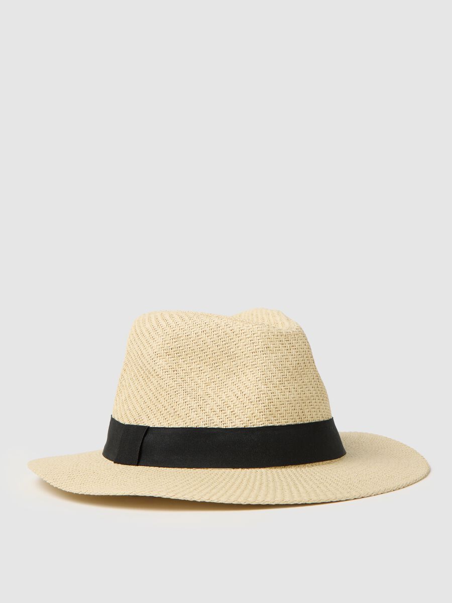 Men's hat in beige multicolour fabric with black band_0