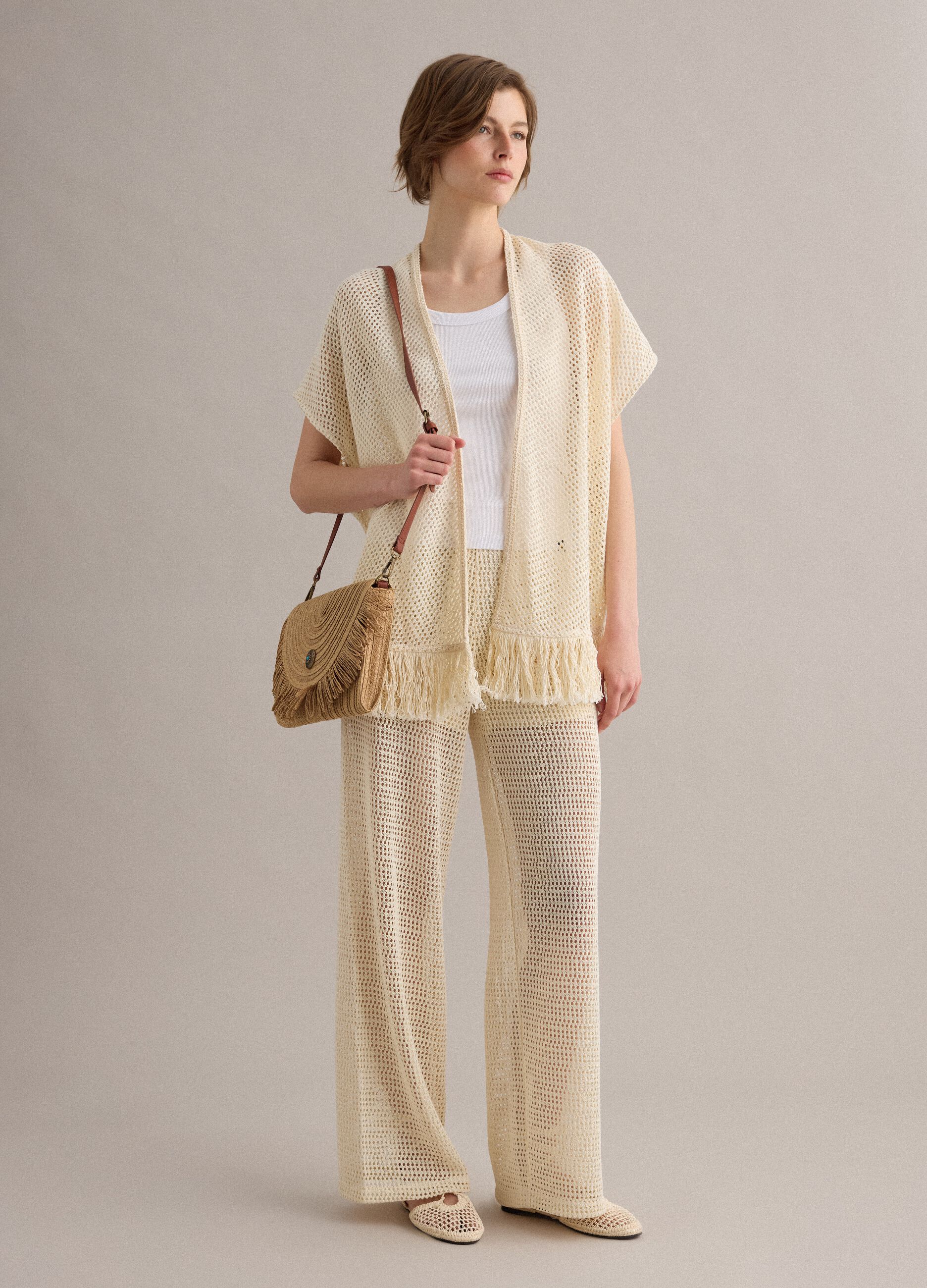 Beige crochet viscose-blend cardigan with fringes