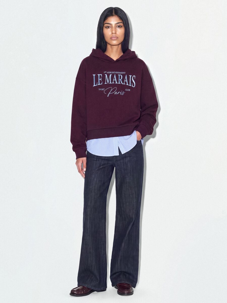 Purple cotton-blend hoodie with layered shirt-effect hem_1
