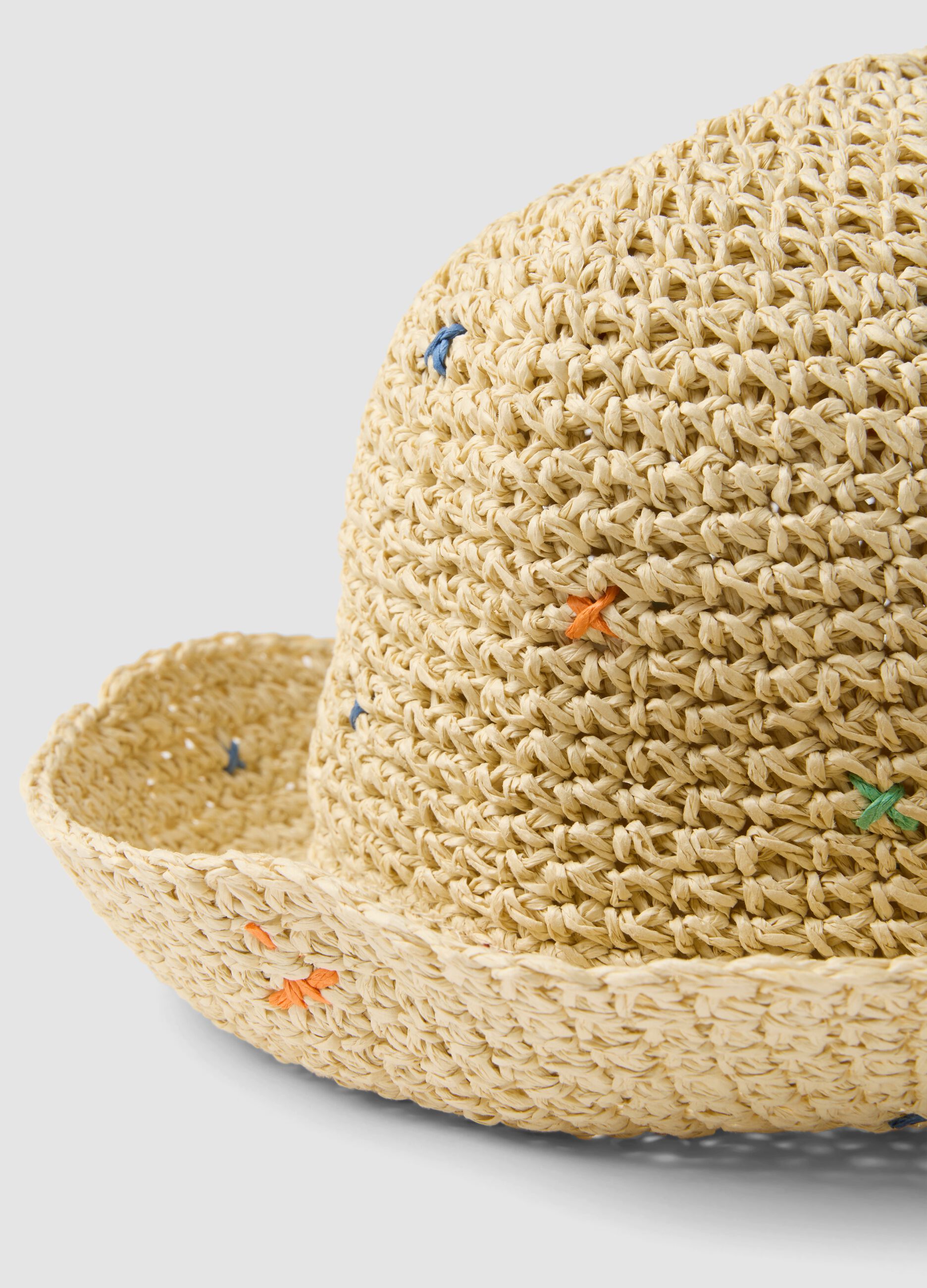 Beige paper-fabric hat with multicolour threads