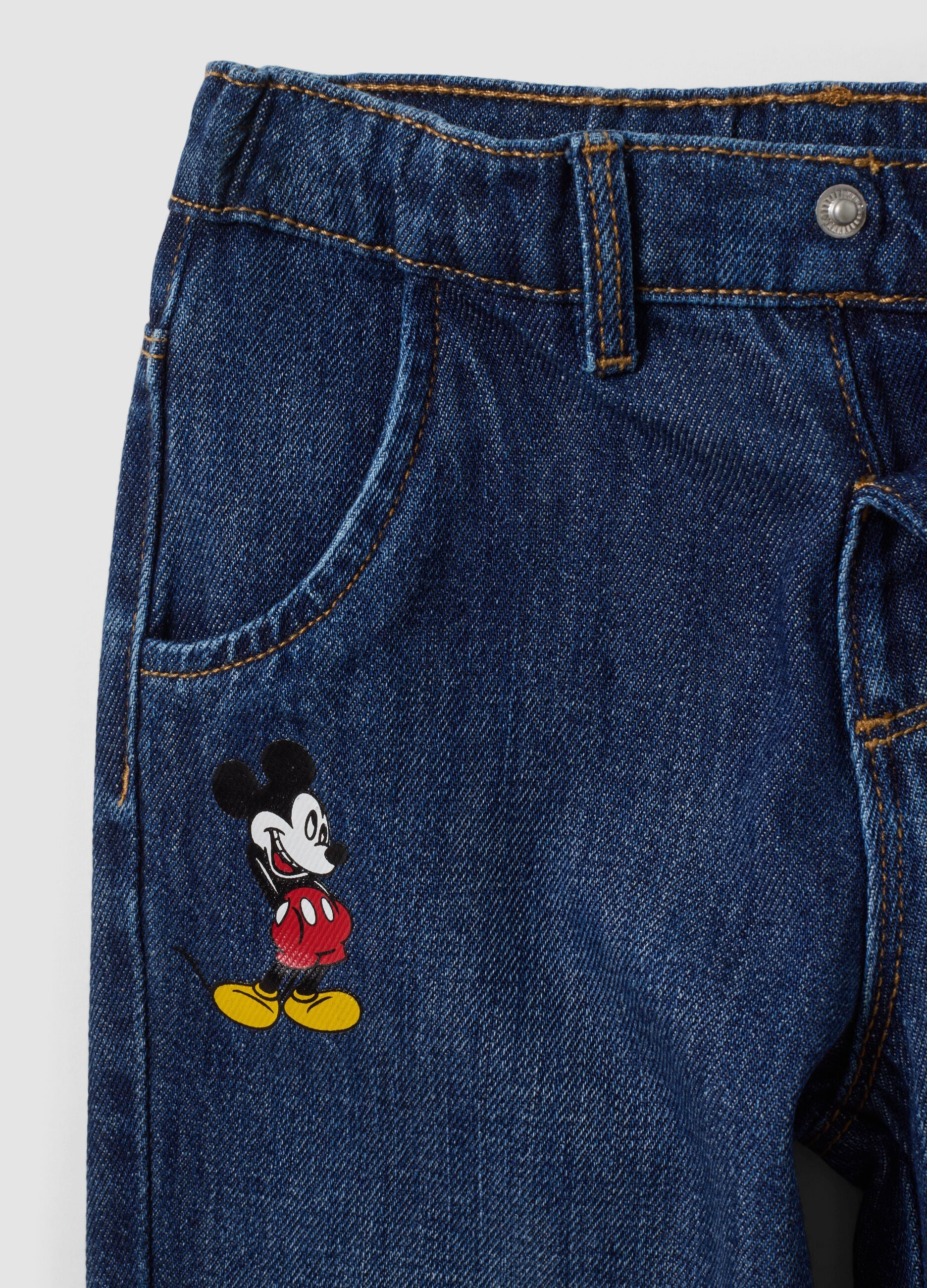 Blue cotton-viscose blend jeans with Mickey print, baggy fit for baby boy