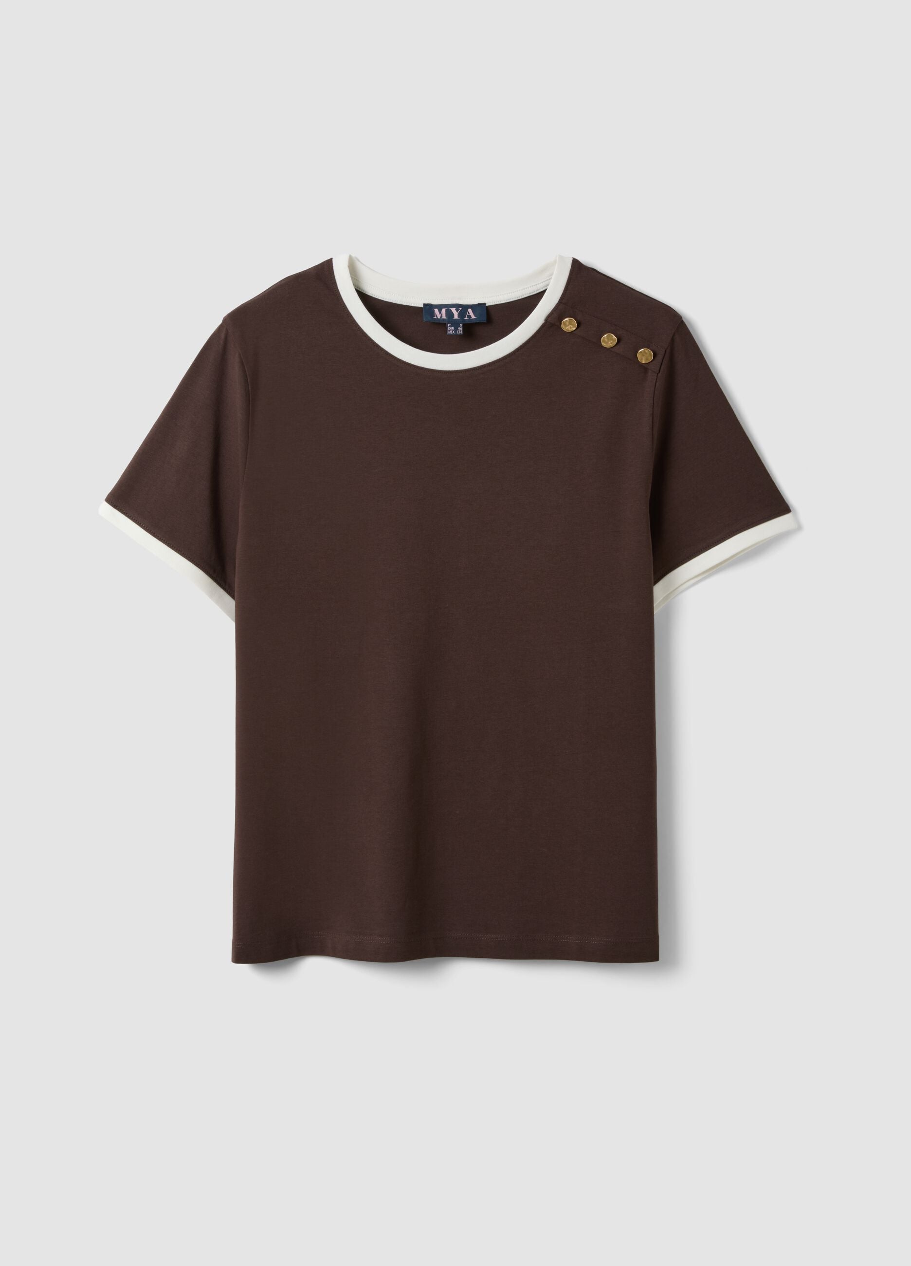 Brown pure cotton T-shirt with buttons, regular fit