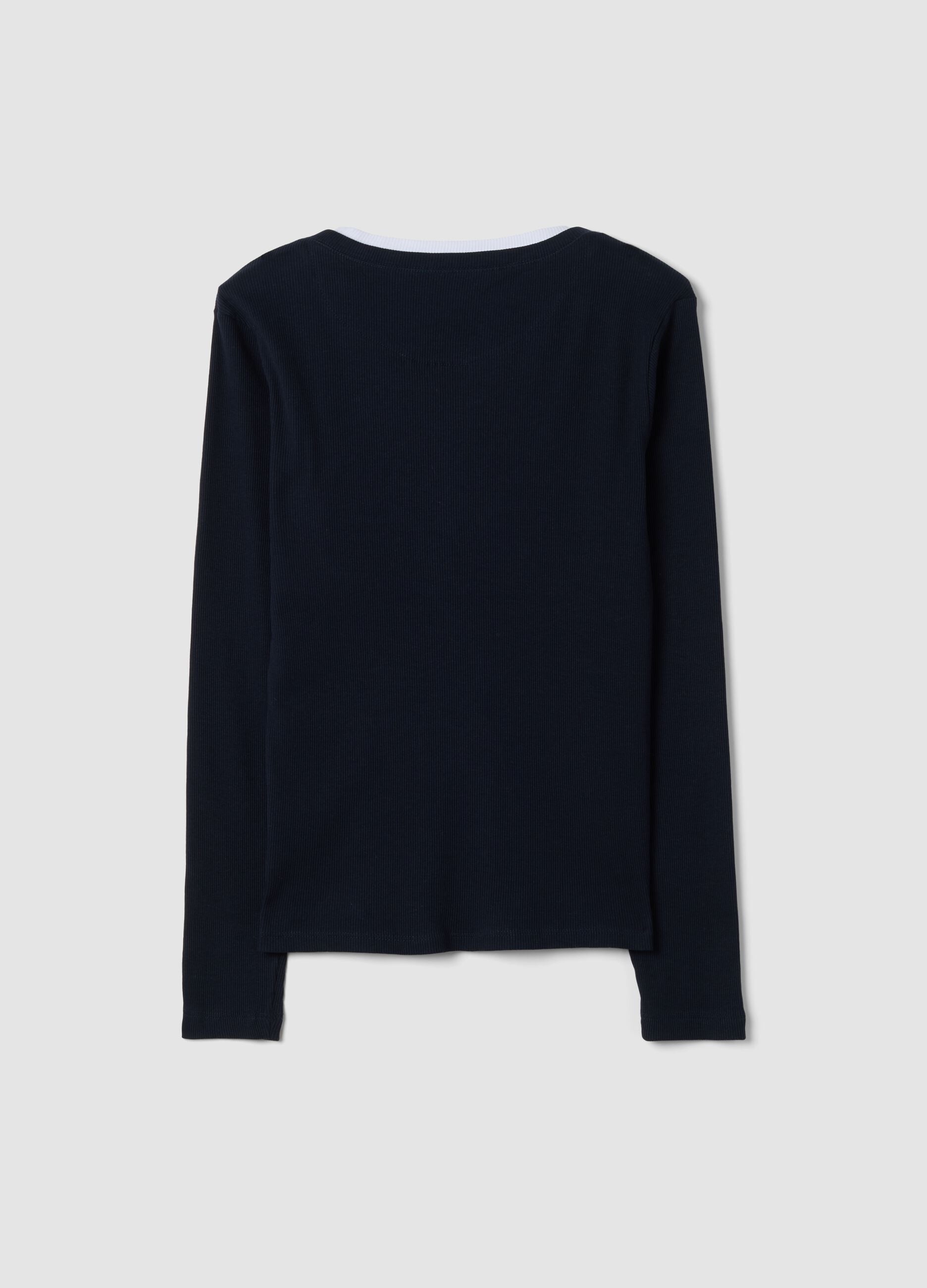 Blue long-sleeved pure cotton crew-neck T-shirt