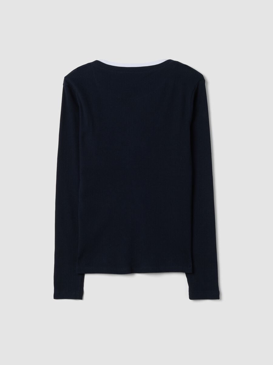 Blue long-sleeved pure cotton crew-neck T-shirt_5