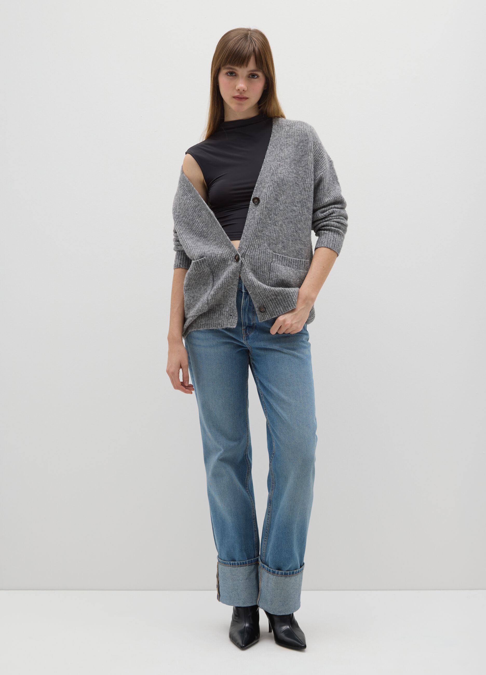 Grey Stretch Fabric Cardigan with Oversized Fit