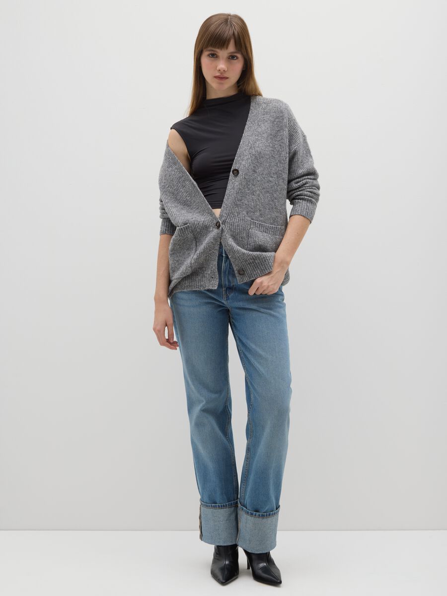 Grey Stretch Fabric Cardigan with Oversized Fit_1