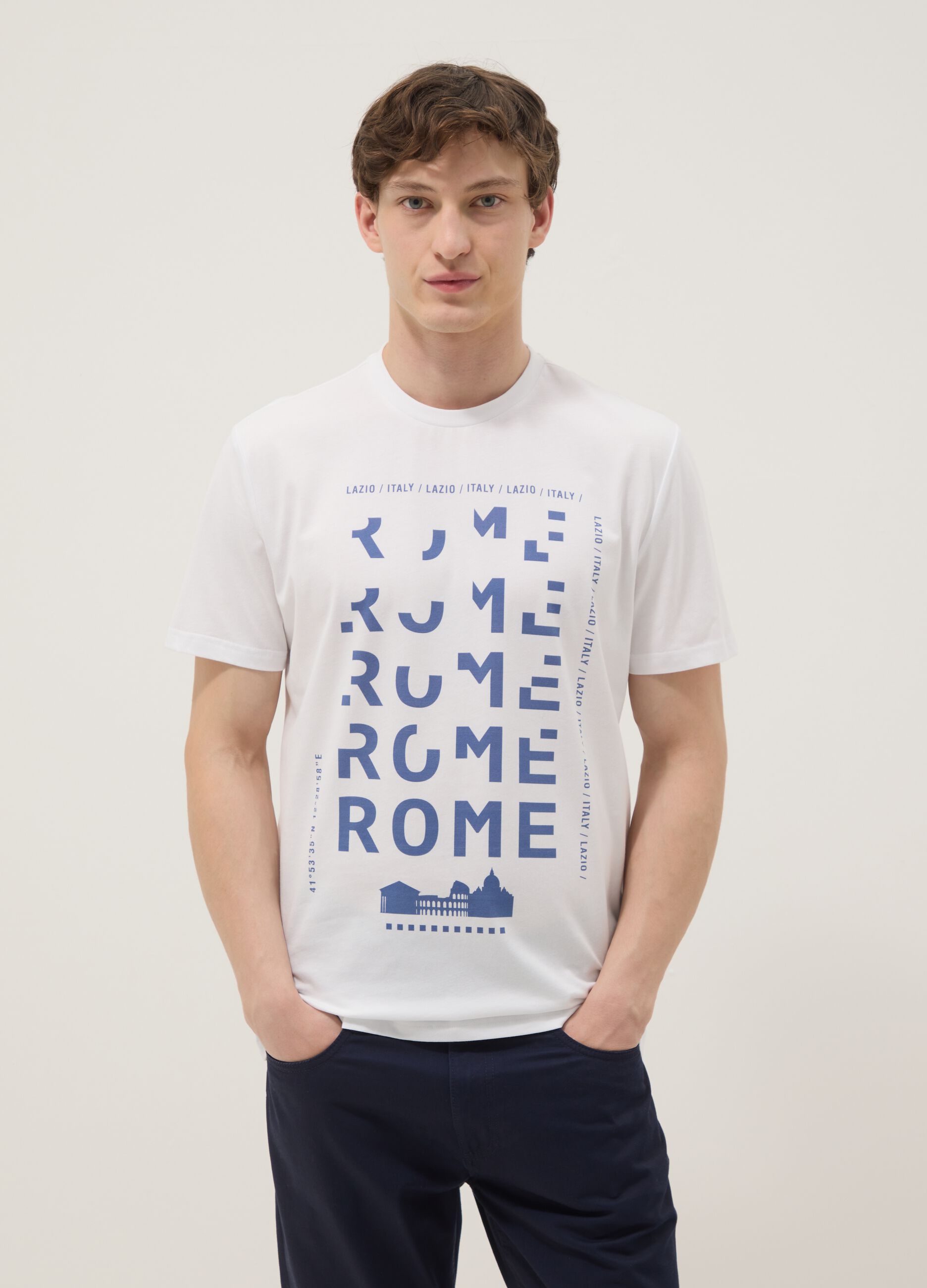 White pure cotton T-shirt with front print, regular fit