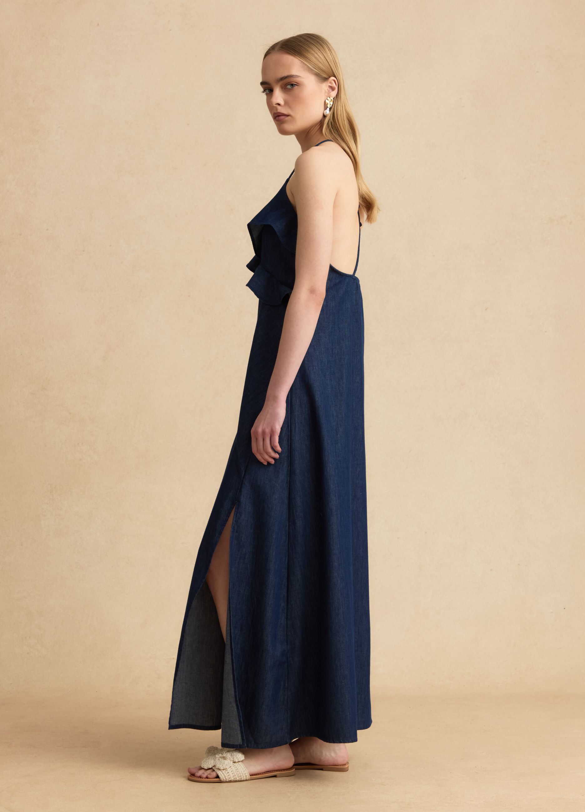 Long blue pure cotton dress with ruffles