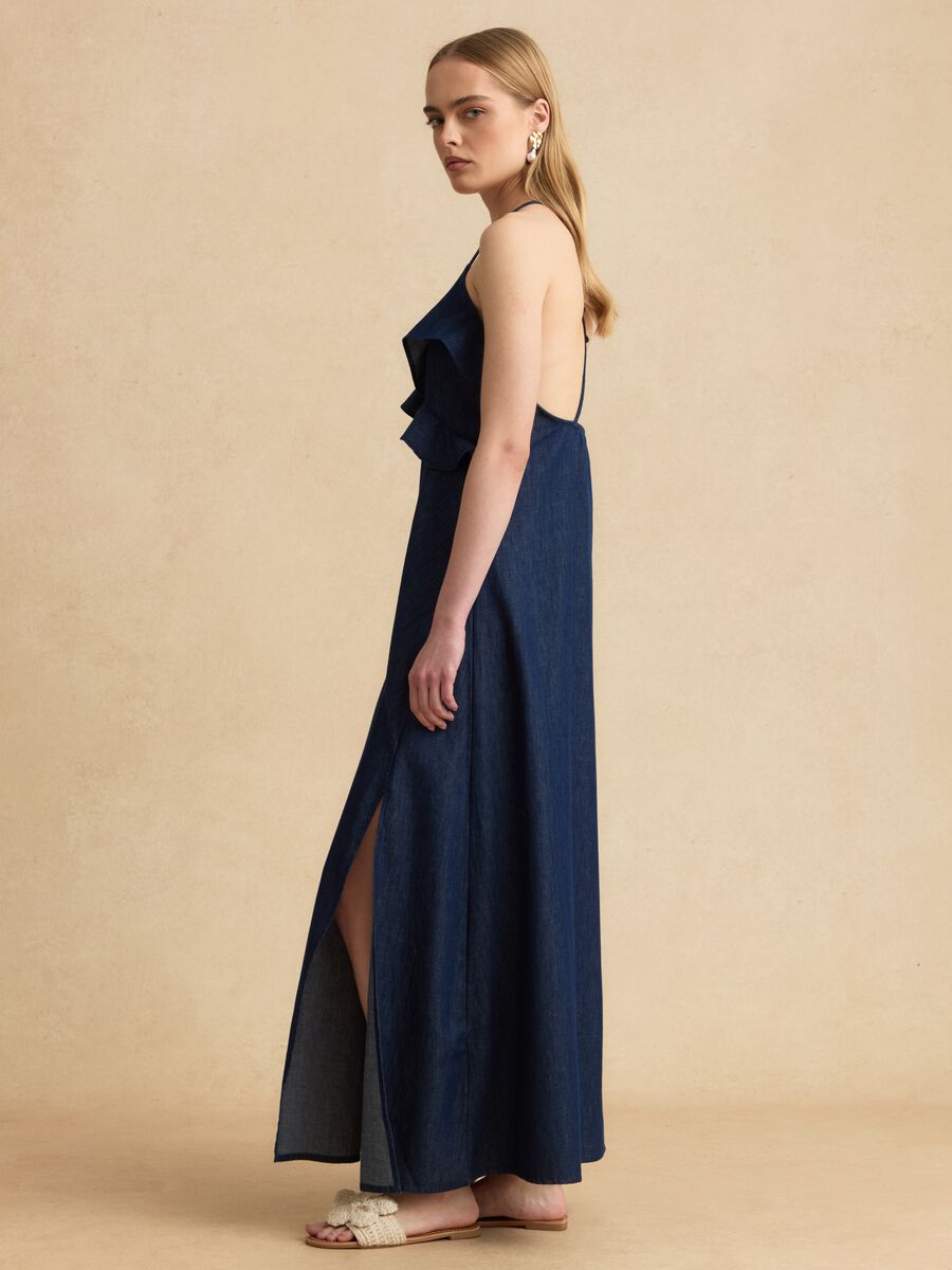 Long blue pure cotton dress with ruffles_1
