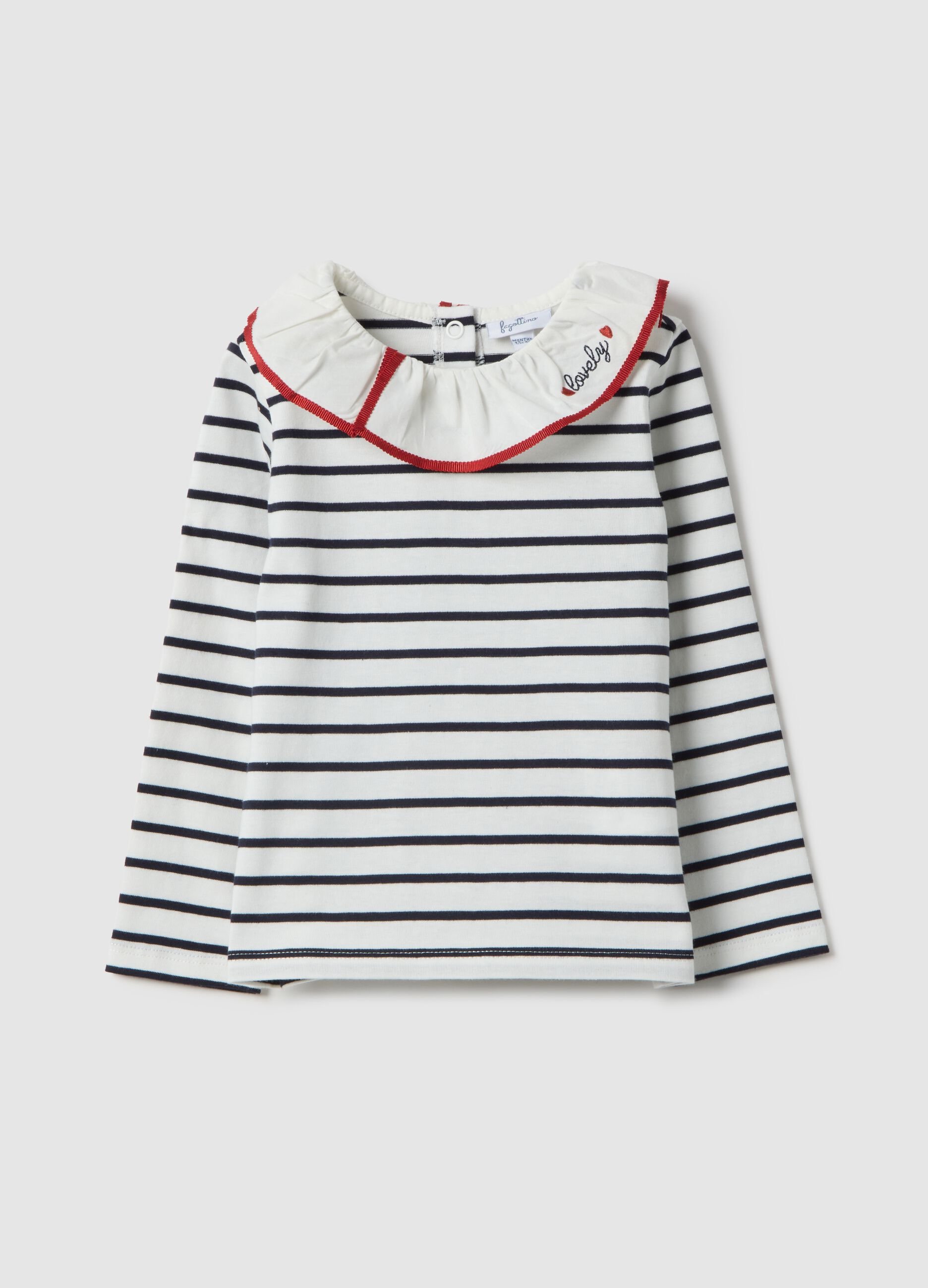 T-shirt in puro cotone a righe multicolor da bimba con collo ricamato