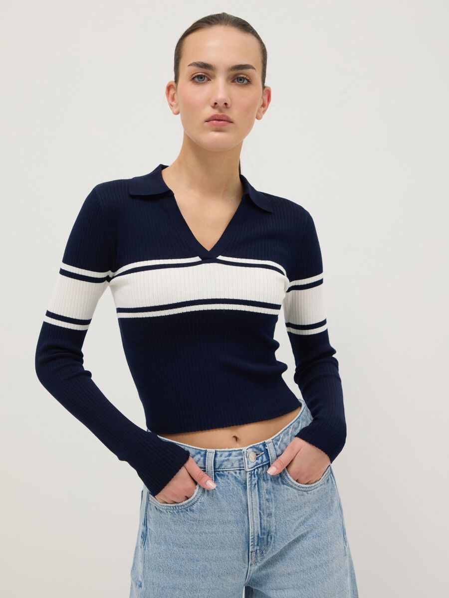 Blue sweater with polo collar in viscose blend_1