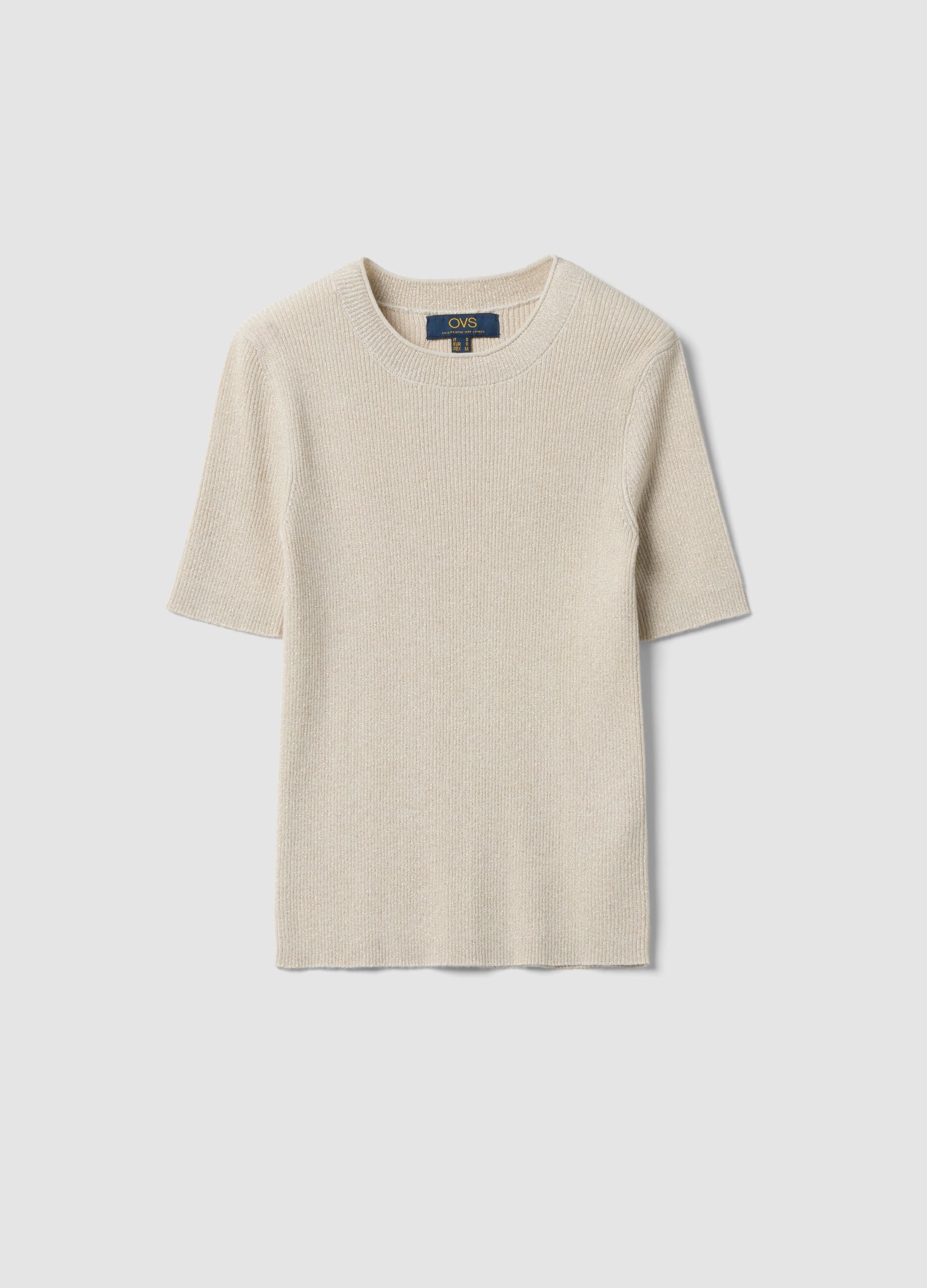 Beige fitted ribbed viscose-blend knit top