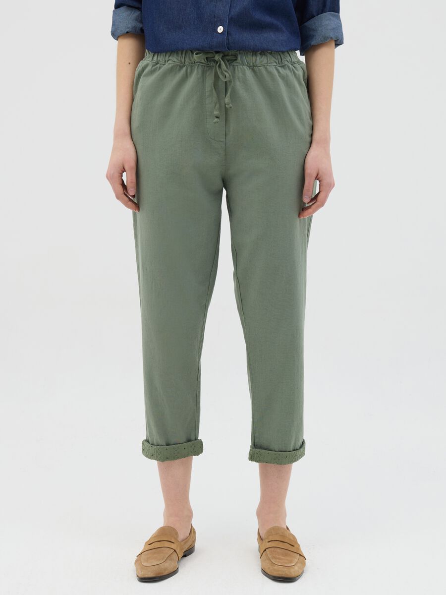 Green Linen and Cotton Hybrid Trousers_1