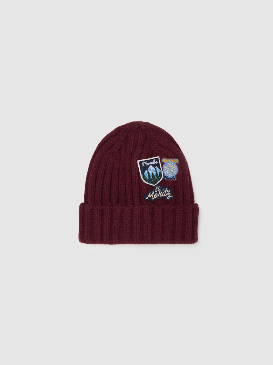 Red Beanie Hat with Embroidered Patches_0