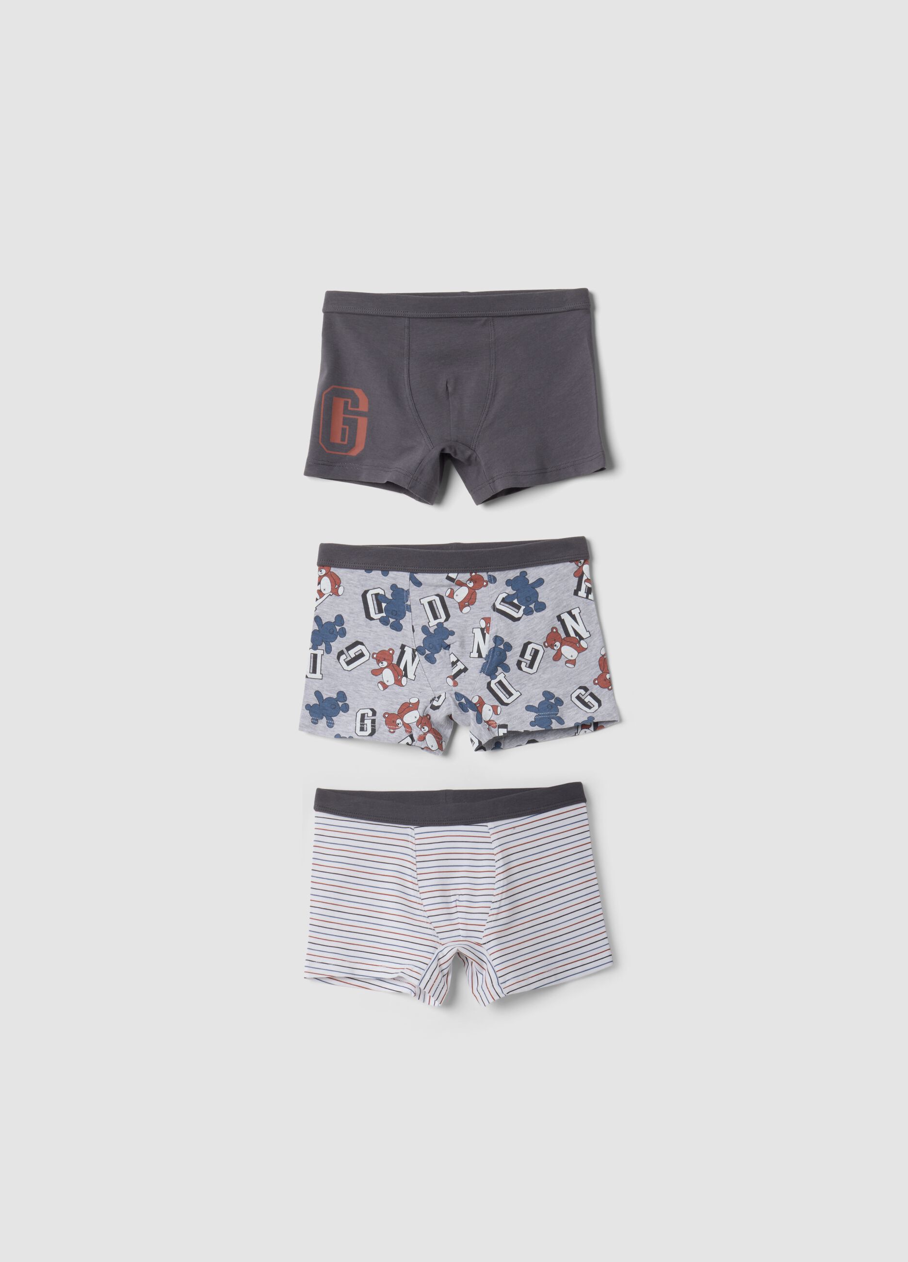 Tripack di boxer midi grigi in cotone organico elasticizzato con fantasia animali