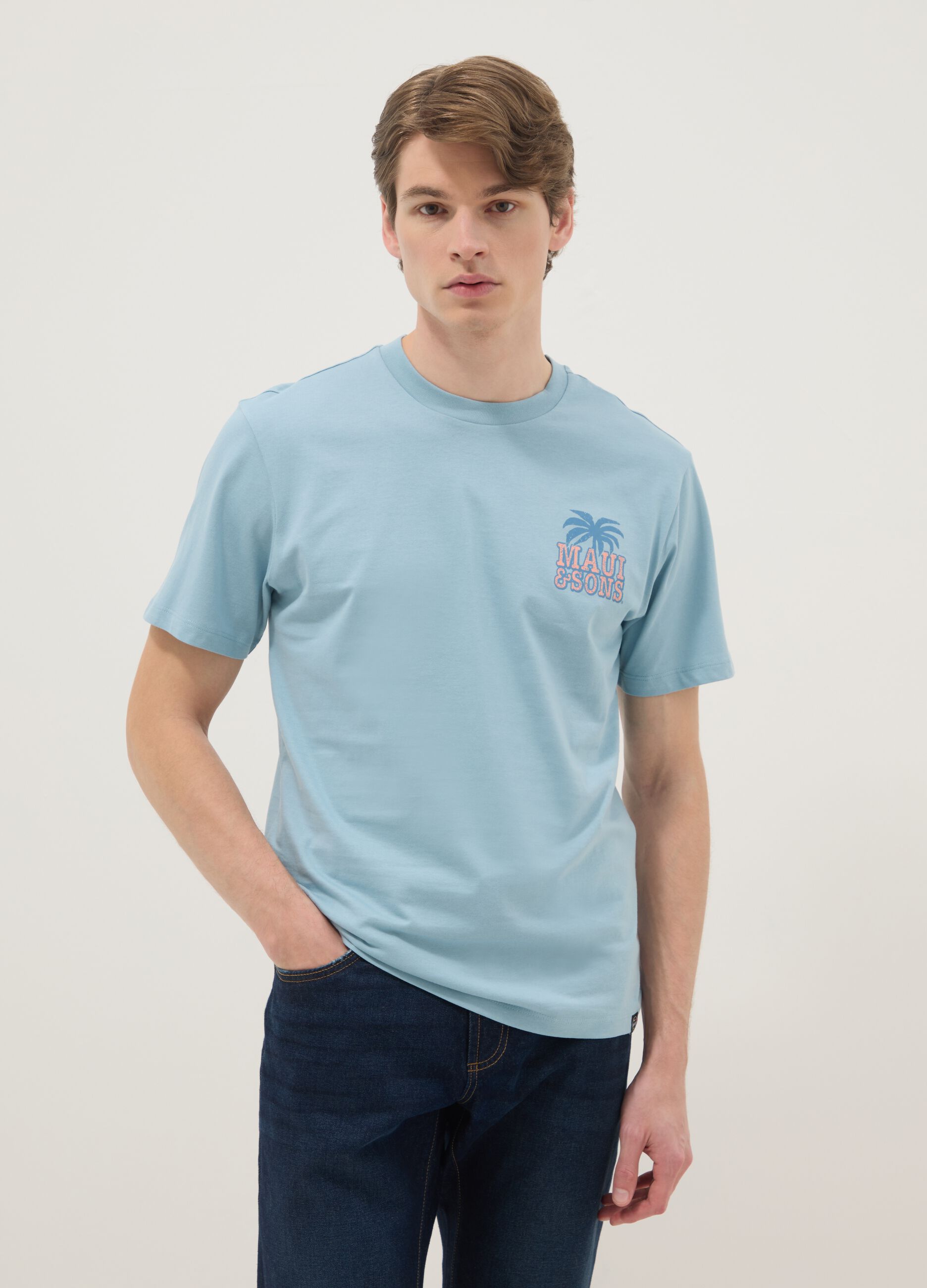 Blue short-sleeve pure cotton T-shirt with print, relaxed fit