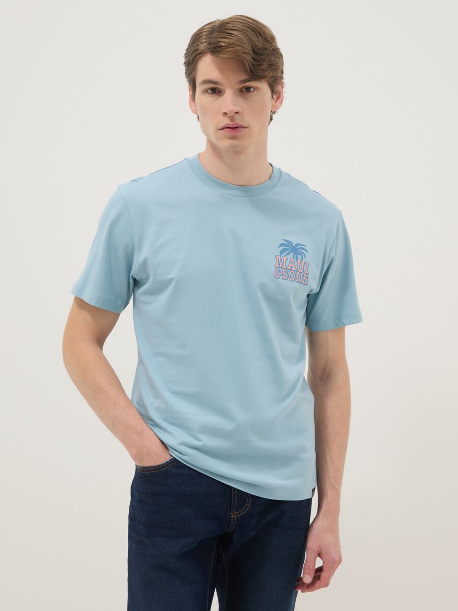 T-shirt azzurra a maniche corte in puro cotone con stampa relaxed fit_0