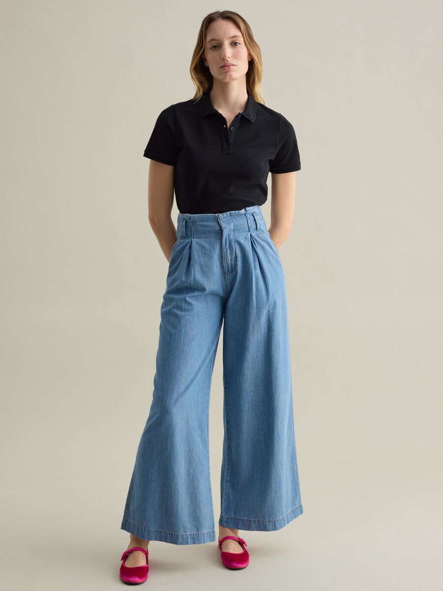 Black short-sleeved polo shirt in piquet_1