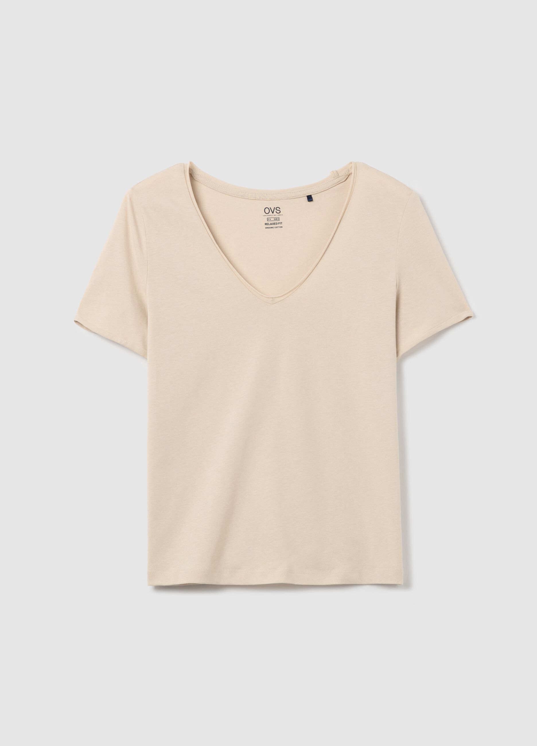 T-shirt beige in cotone bio con scollo a V