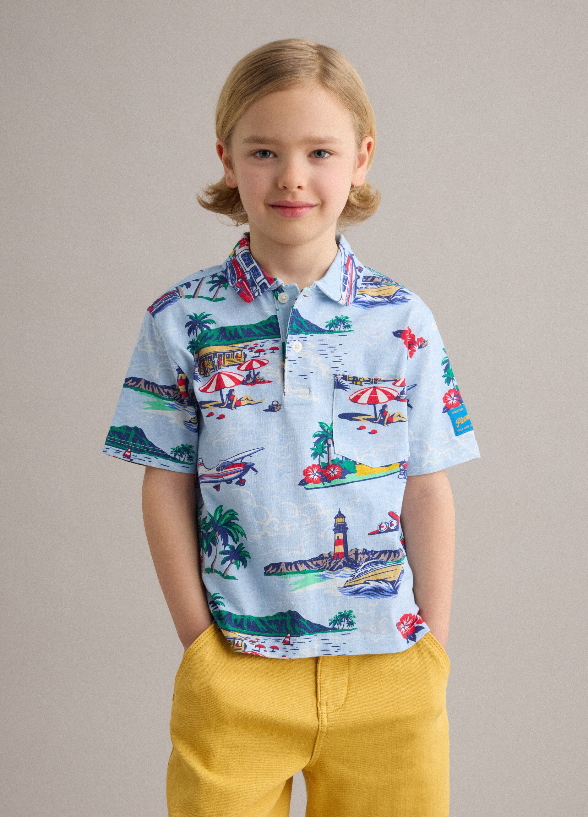 Multicolour pure cotton children's polo, regular fit with prints