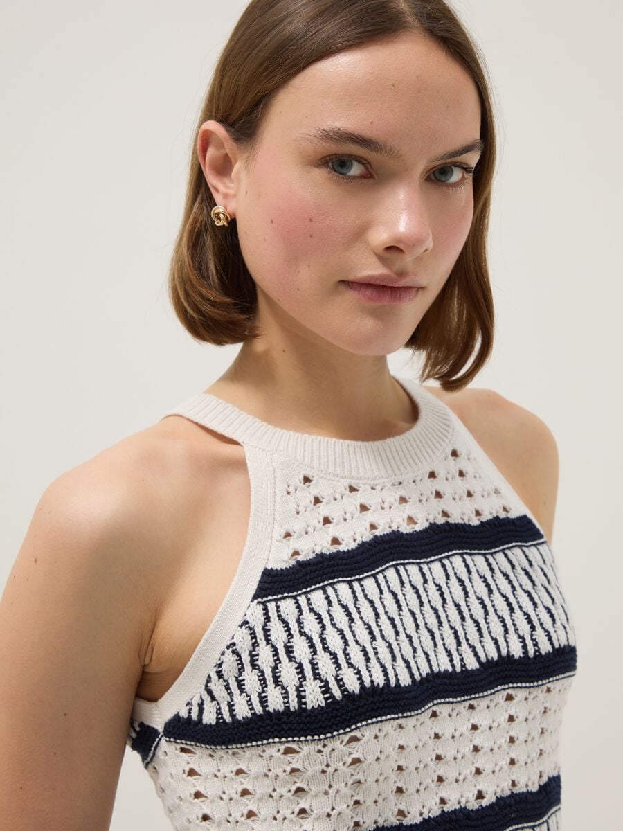 Canotta fitted in puro cotone a righe multicolor con texture a rete_0