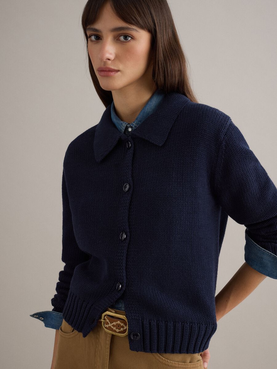 Blue cotton cardigan with polo collar, regular fit_3