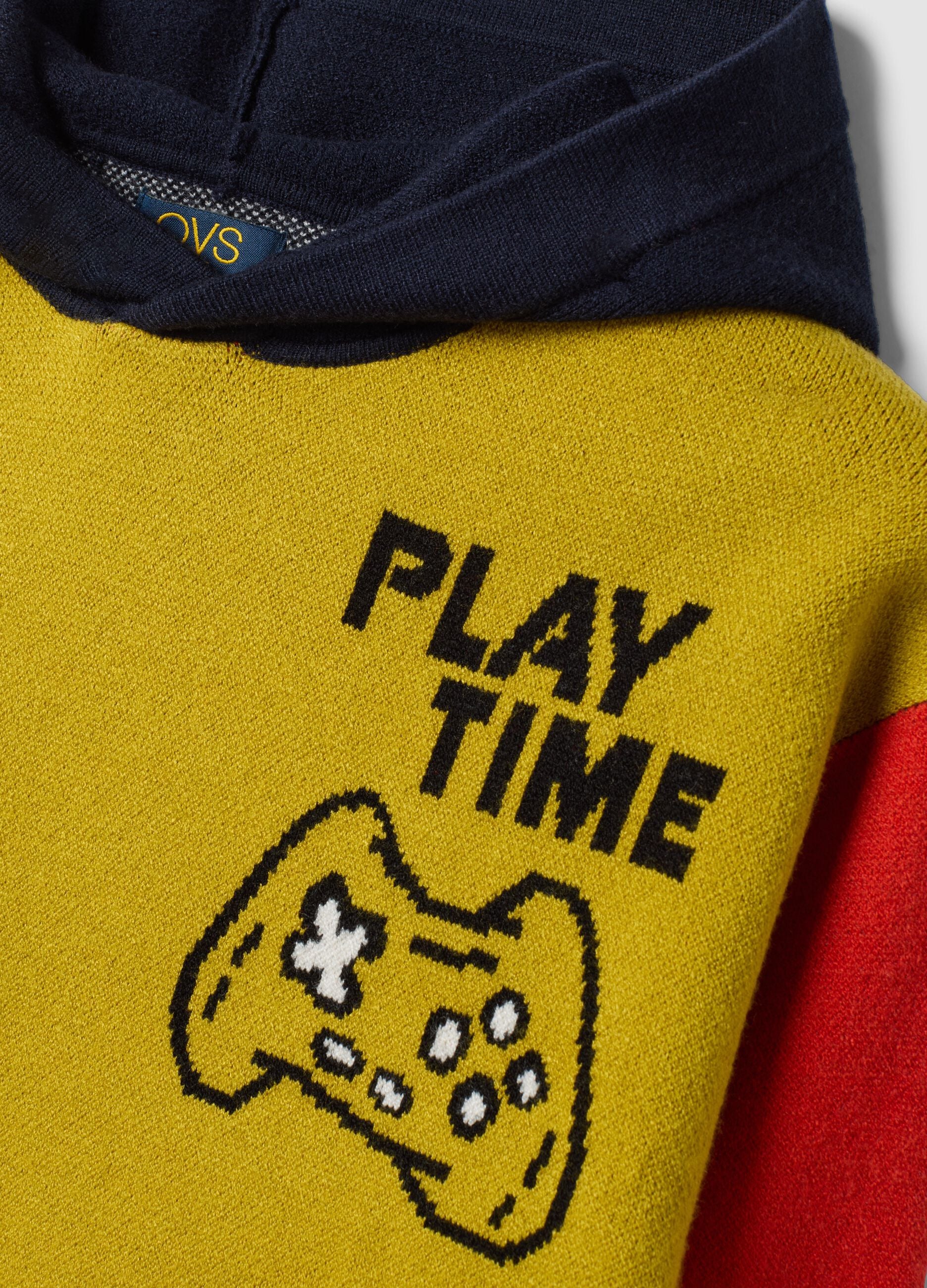 Mustard yellow, navy, red and sage green viscose-blend hooded crew-neck jumper
