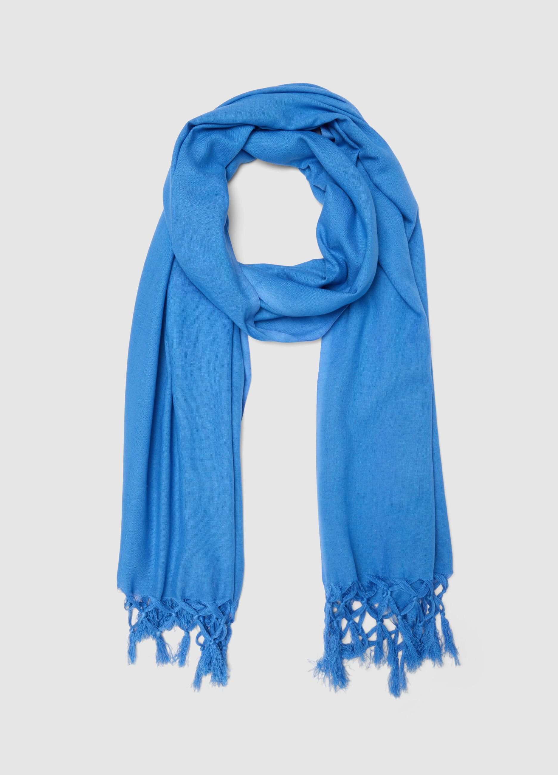 Blue Viscose and Linen Blend Scarf with Fringes