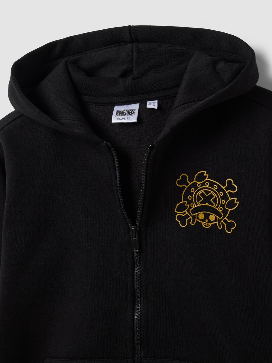 Felpa nera con cappuccio in misto cotone con zip e stampa One Piece_2