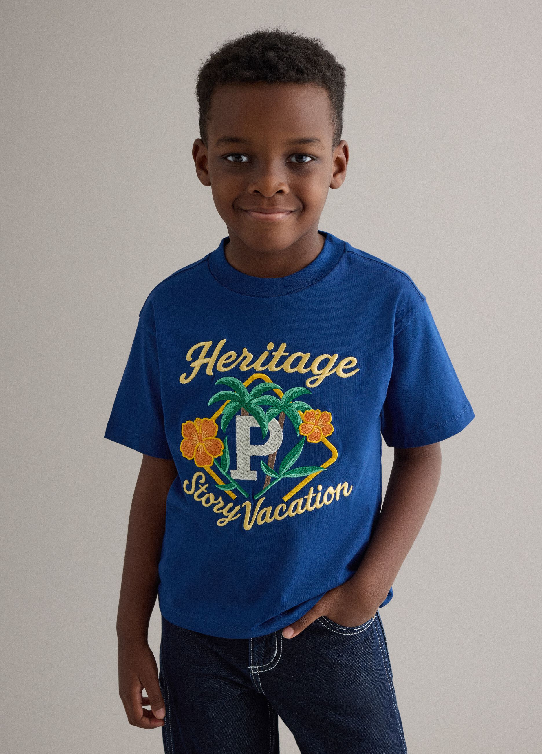 Regular fit blue pure cotton kids' T-shirt with embroidery