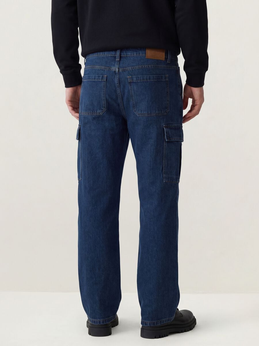 Dark blue pure cotton wide-leg cargo jeans_2