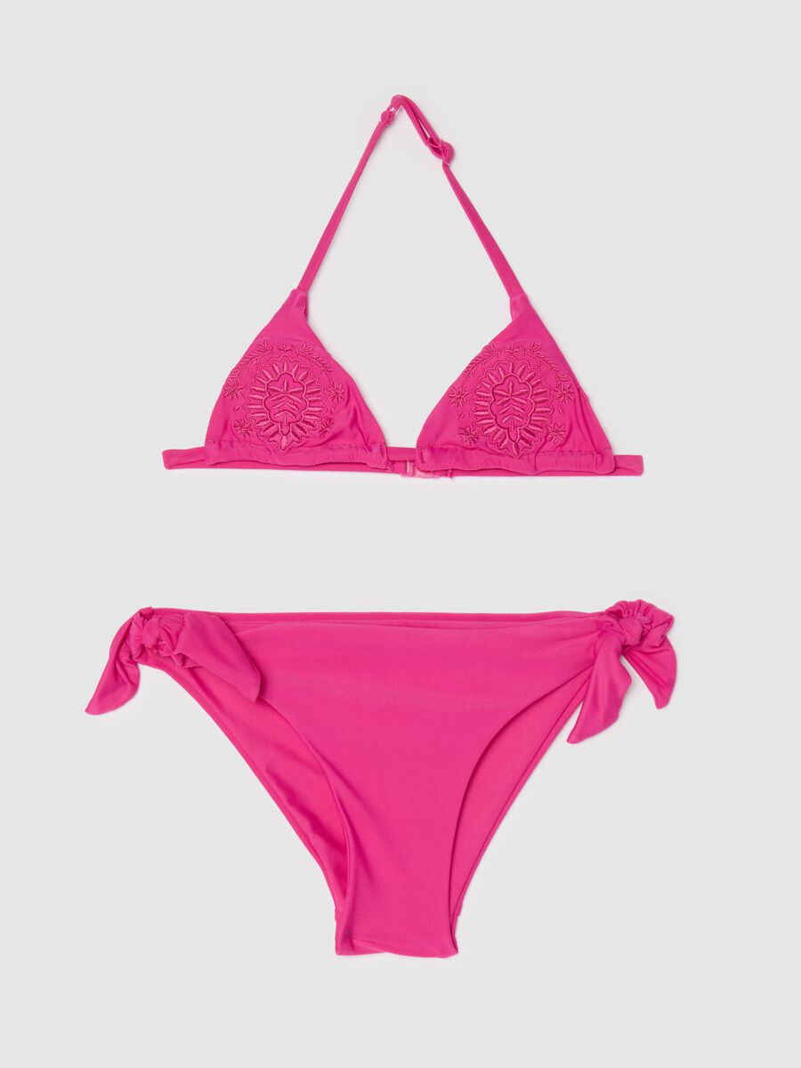 Girls' pink elastane blend bikini with floral embroidery_0