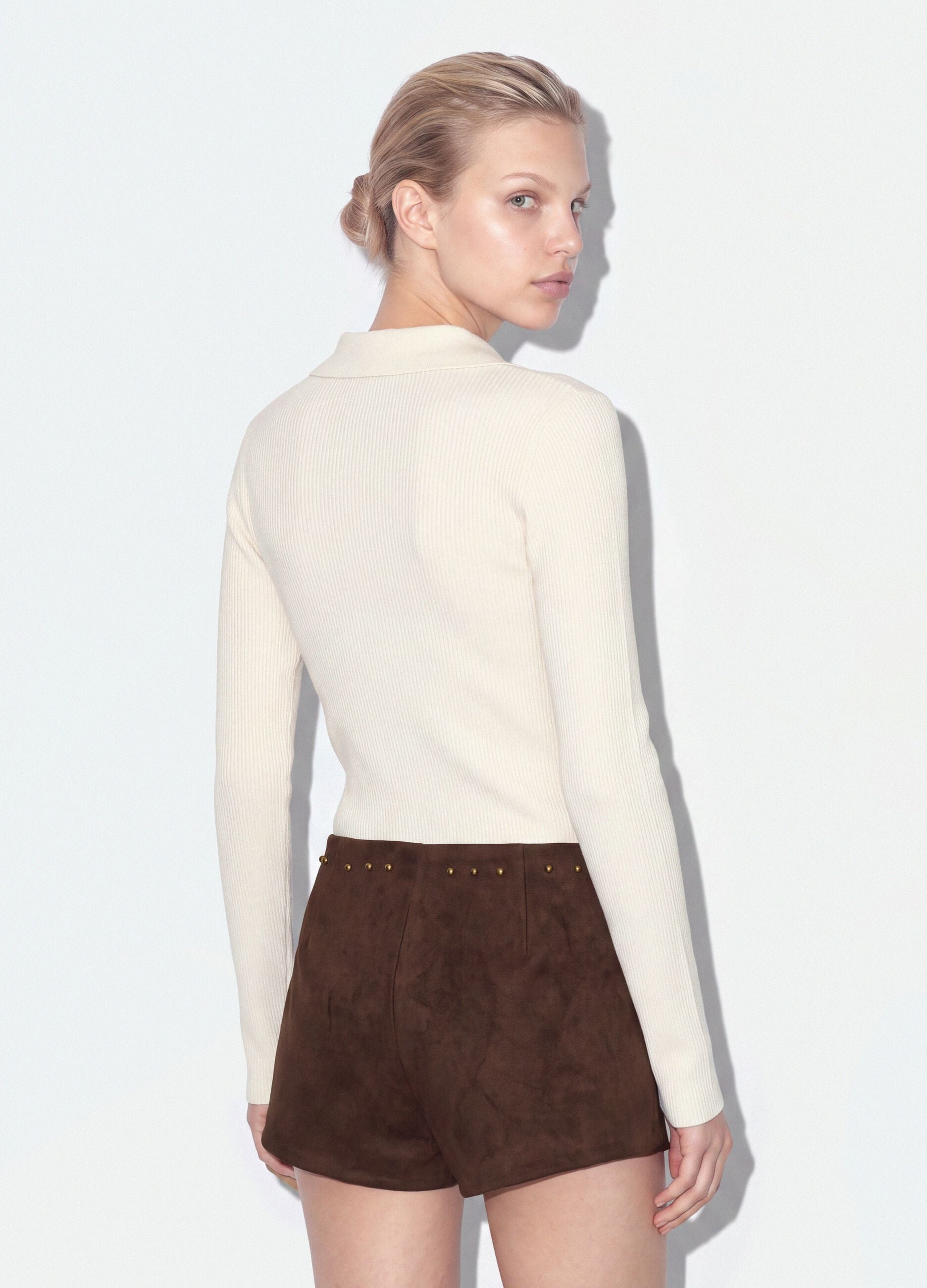 White viscose-blend fitted polo-collar top