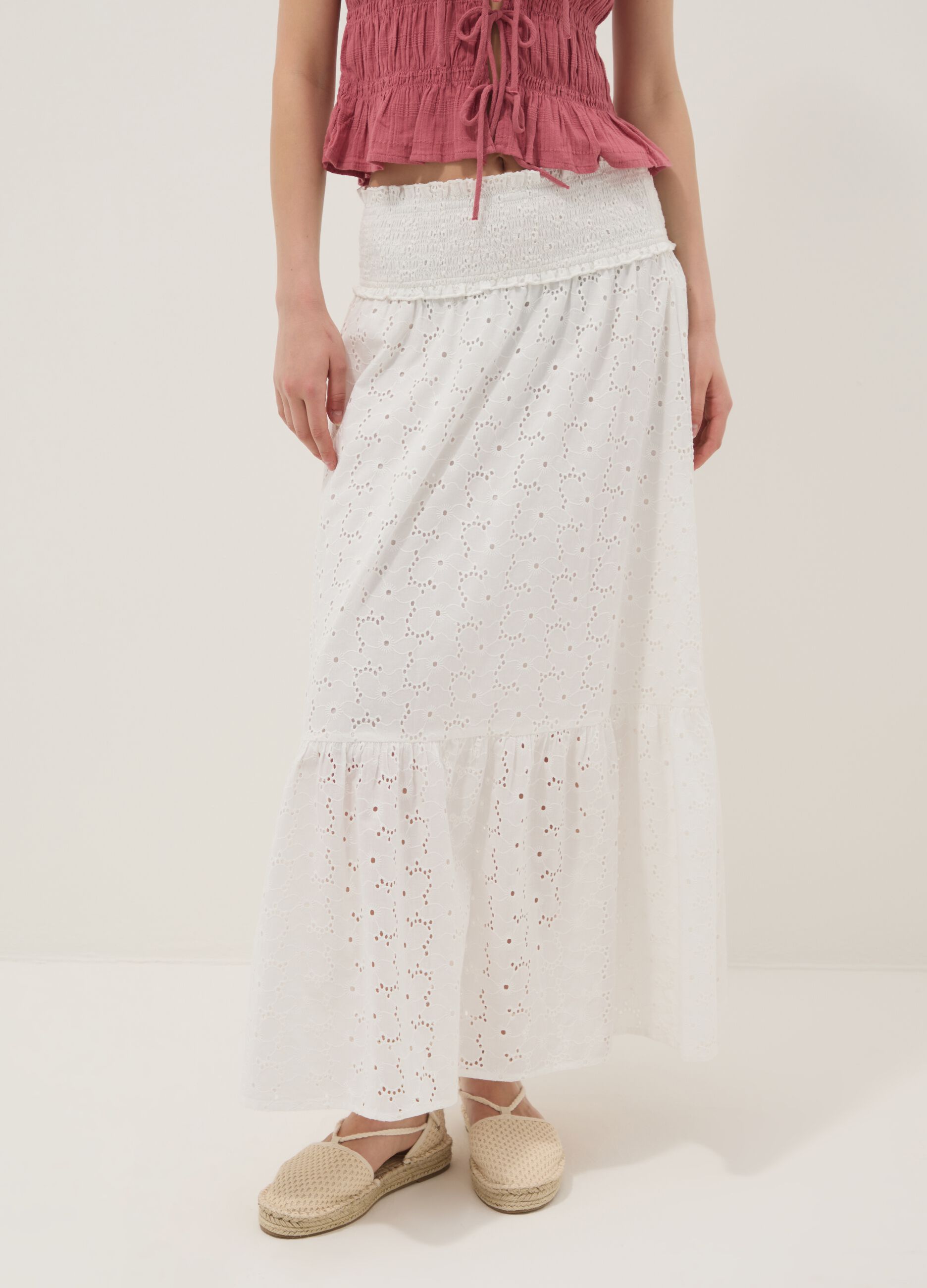Long white broderie anglaise skirt in pure cotton