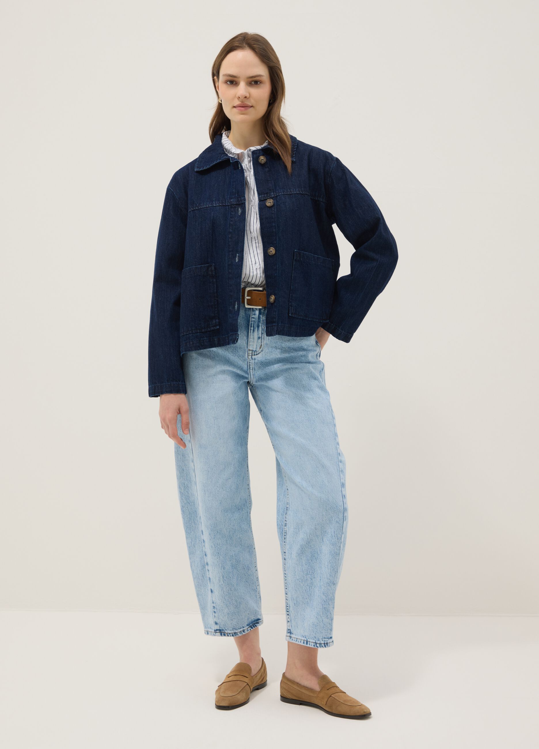 Giacca in puro cotone denim blu regular fit con tasche