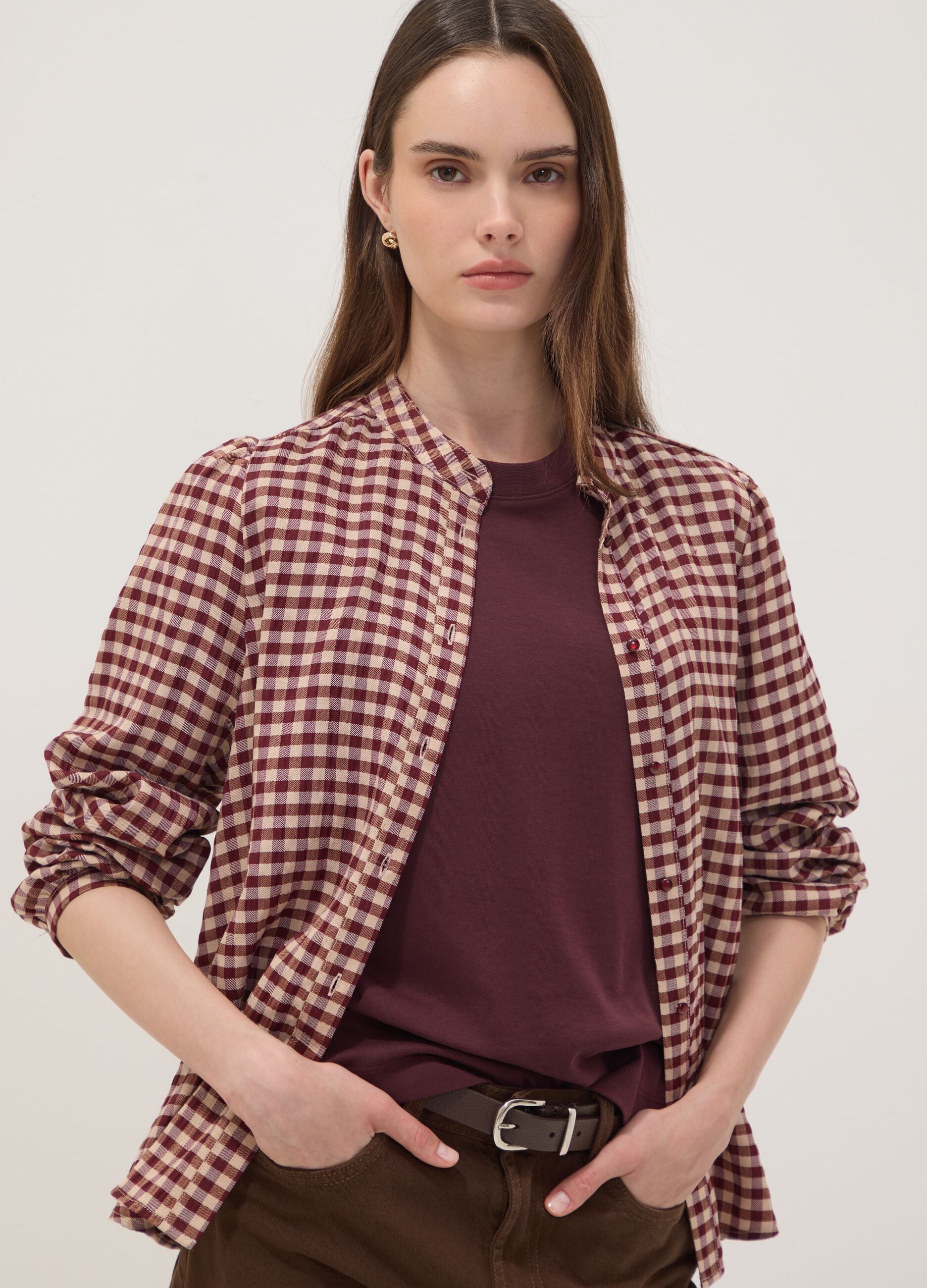 White checked stretch viscose shirt with mandarin collar