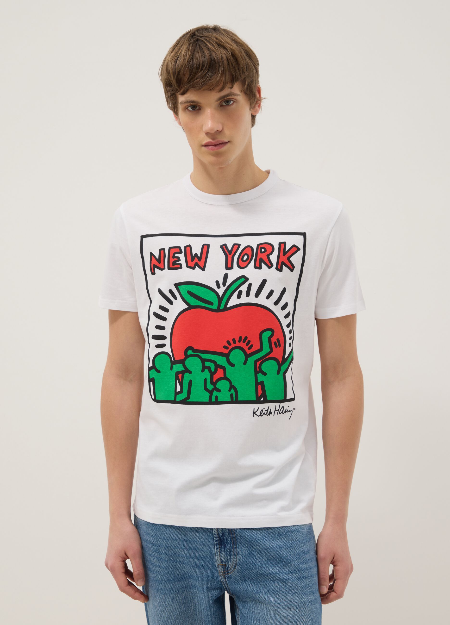 T-shirt in puro cotone bianca regular fit con stampa Keith Haring