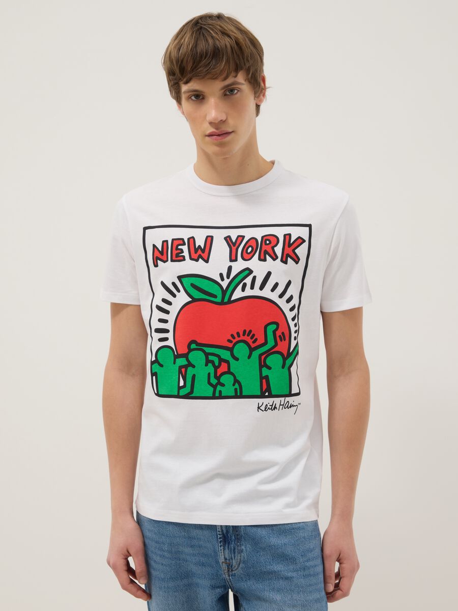 White pure cotton regular fit T-shirt with Keith Haring print_0