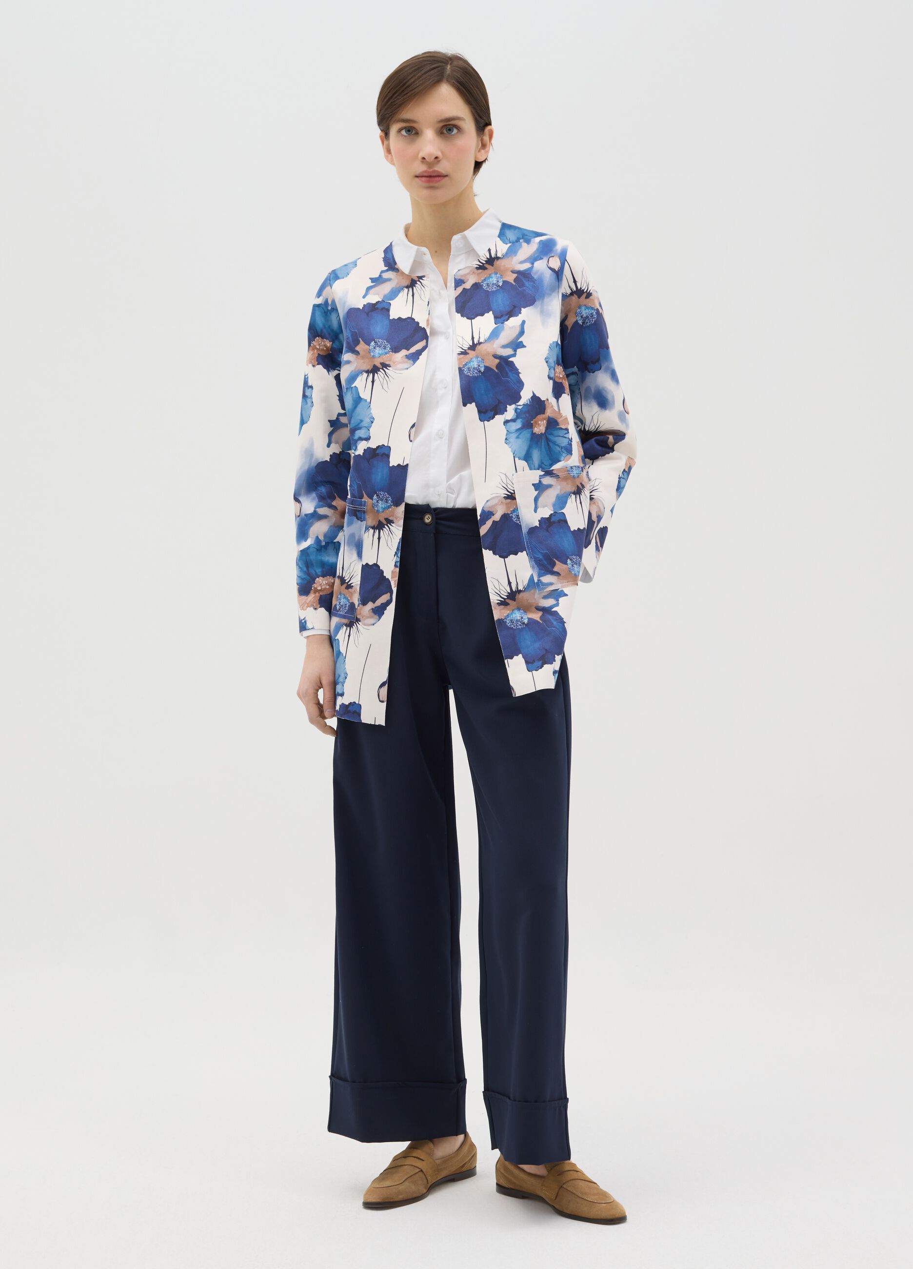 Long white and blue open jacket with flowers