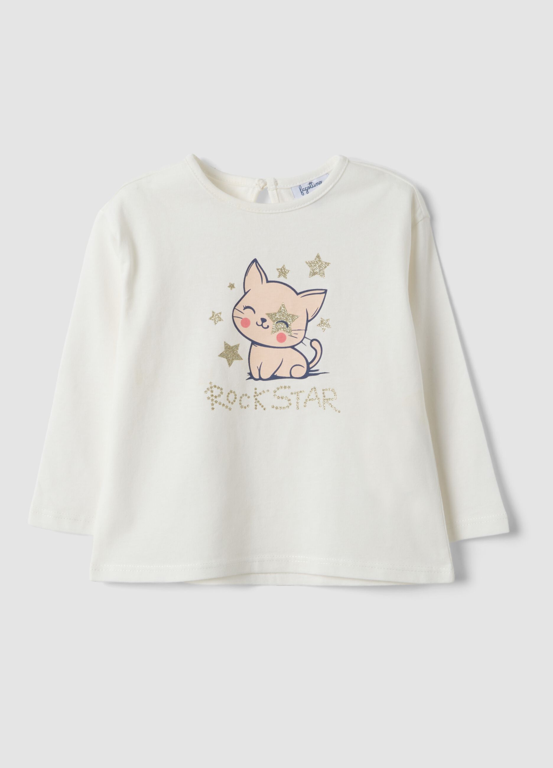 Maglietta bianca in puro cotone organico con stampa gattino per bimba