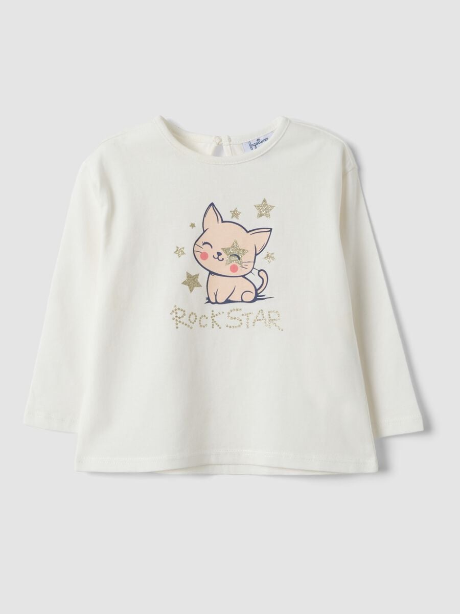 White organic cotton T-shirt with kitten print for baby girl_0