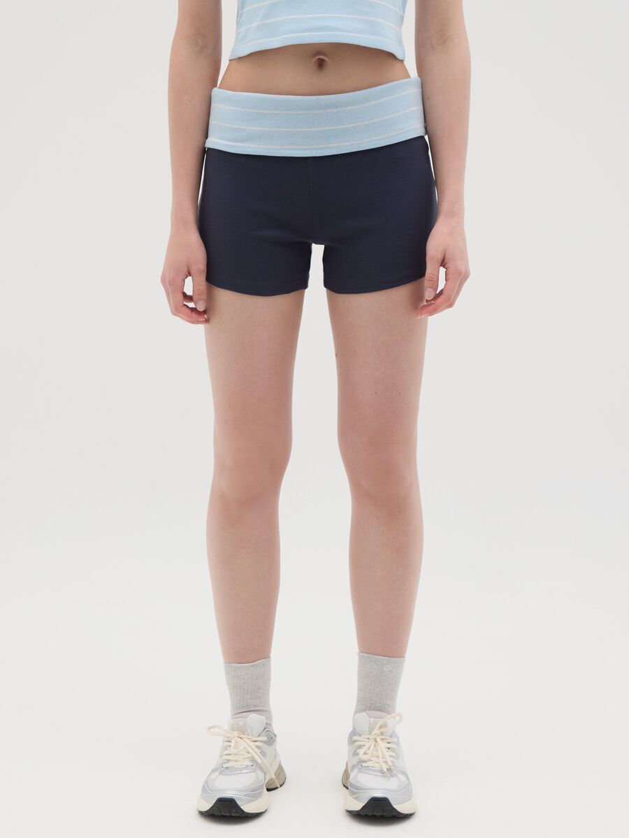 Women's pure cotton multicolour slim fit shorts with blue stripe turn-up_1