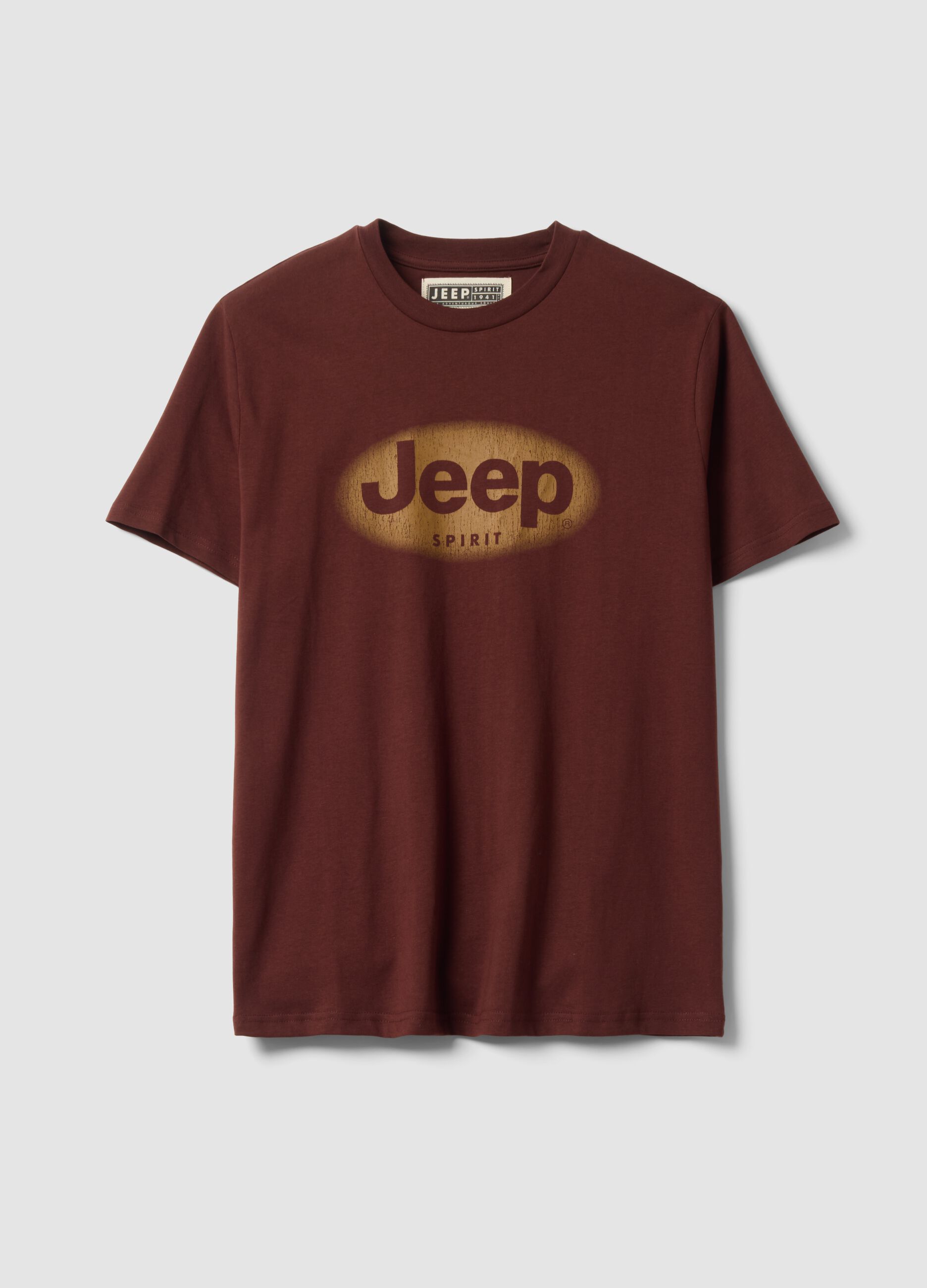 Brown pure cotton crew-neck T-shirt with Jeep print