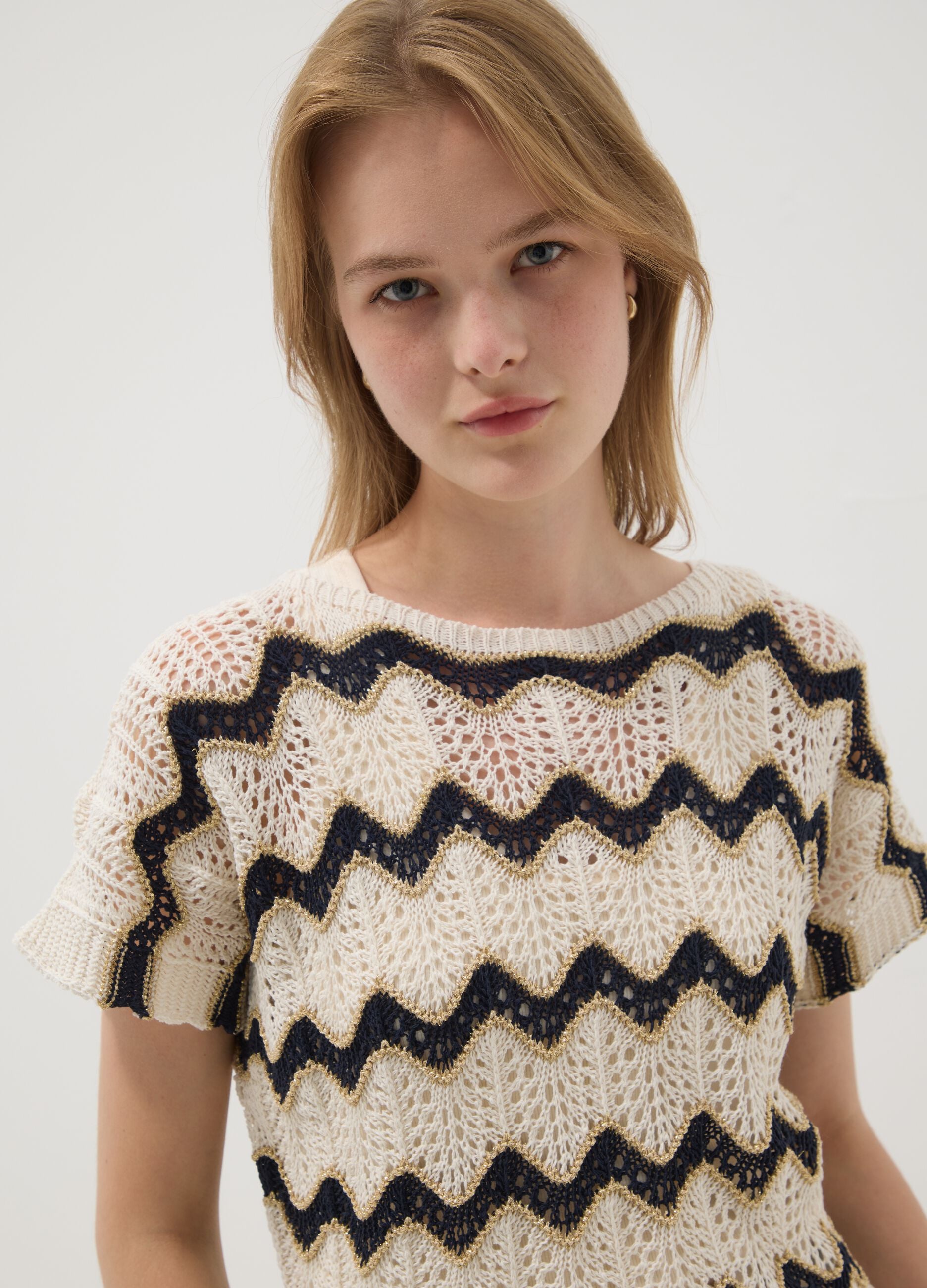 Beige stretch cotton T-shirt with openwork knit detailing