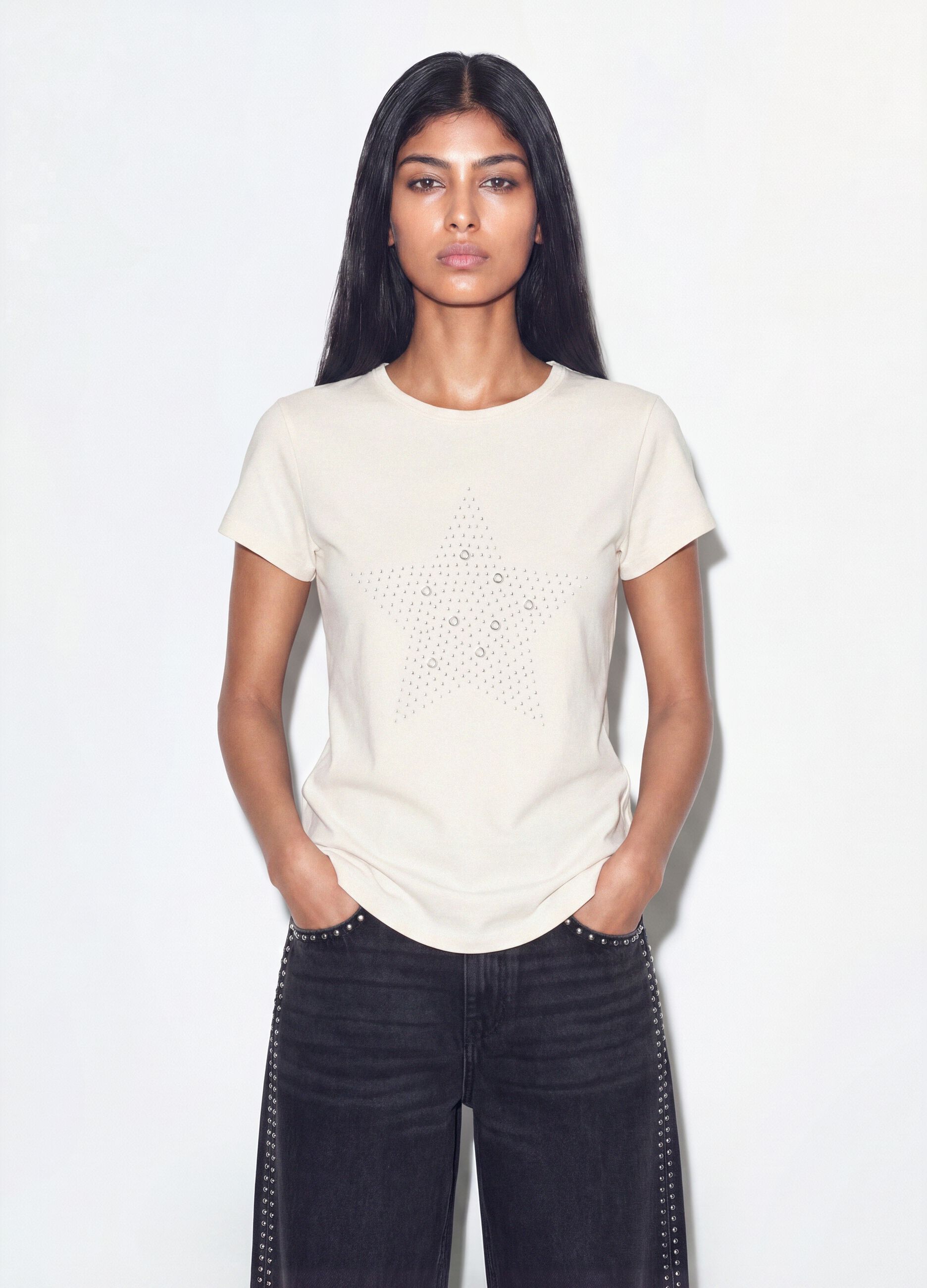 White fitted stretch-cotton T-shirt with rhinestone embellishment