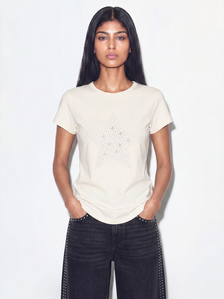 White fitted stretch-cotton T-shirt with rhinestone embellishment_0